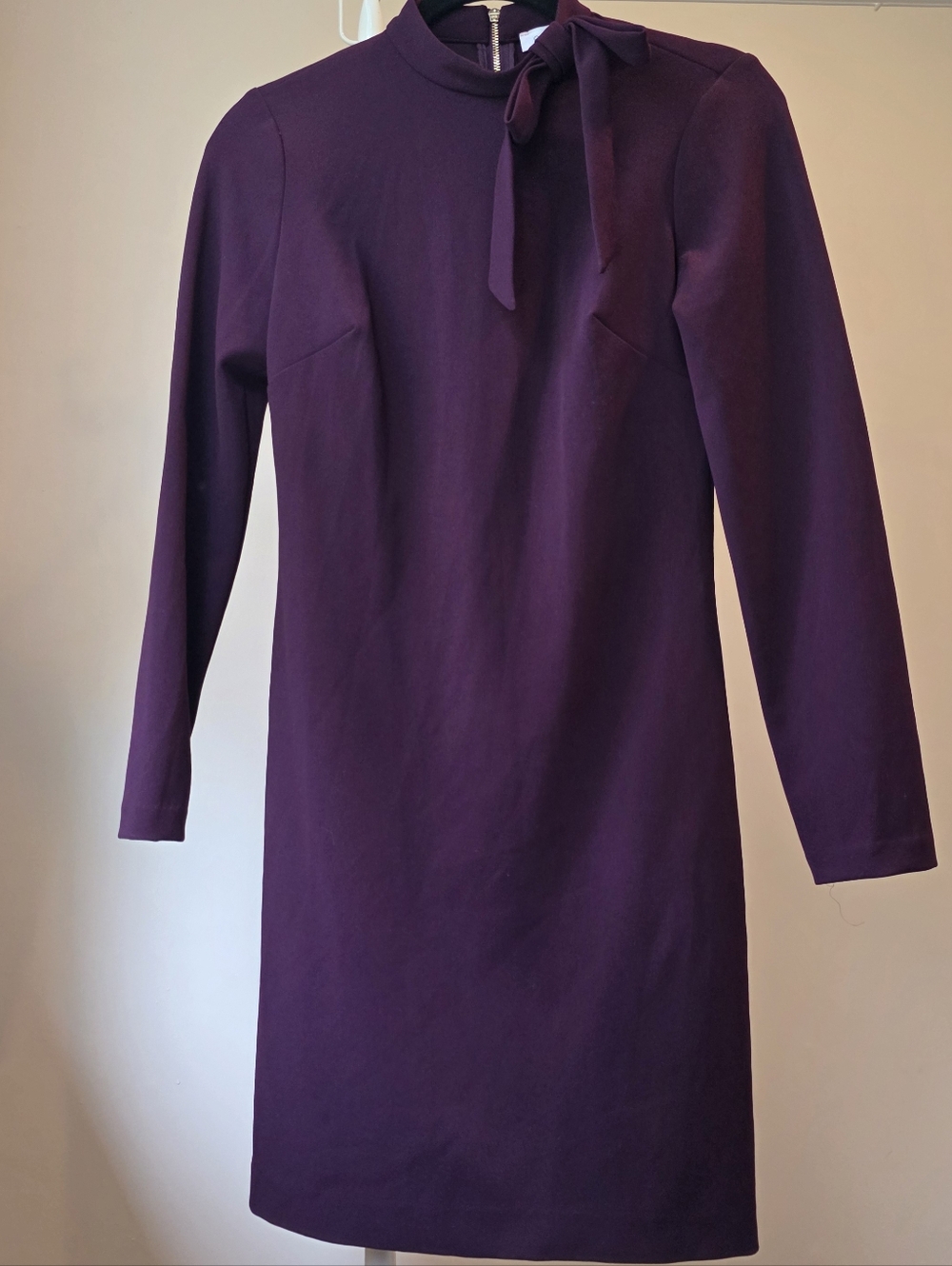 Calvin Klein Long-Sleeve Tie-Neck Dress in Deep Plum